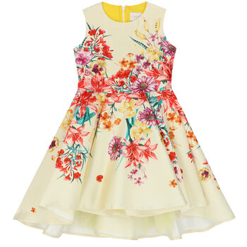 Girls Yellow Floral Satin Dress