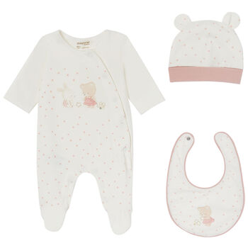 Baby Girls Ivory & Pink Babygrow, Hat & Bib Set