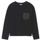 Girls Black Studded Long Sleeve Top, 1, hi-res