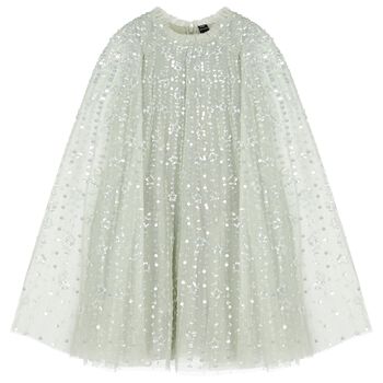 Girls Green Sequin & Star Tulle Cape Dress