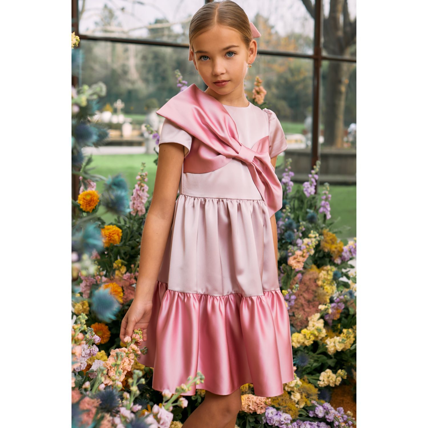 Girls Pink Satin Bow Dress, 1, hi-res