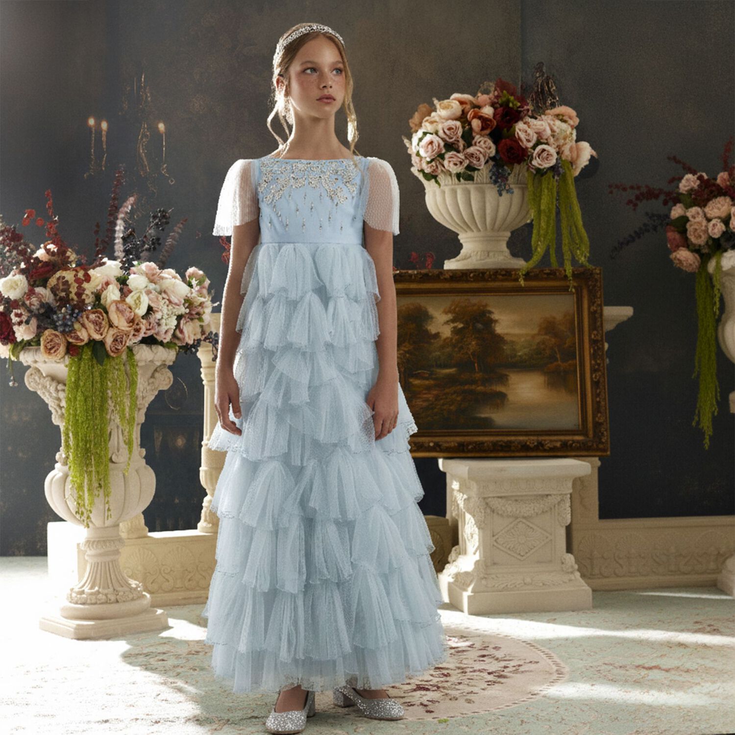 Girls Blue Embellished Tulle Dress, 1, hi-res image number null