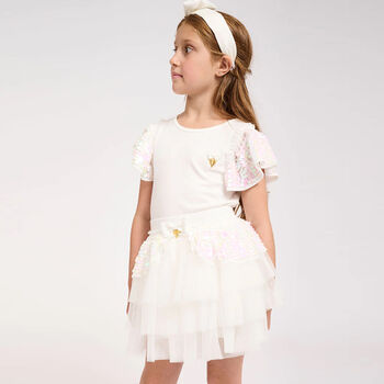 Girls White Sequin Tulle Skirt