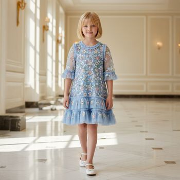Girls Blue Floral Tulle & Sequin Dress