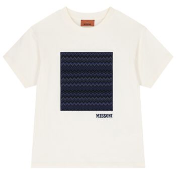 Boys Ivory & Blue Zig Zag Logo T-Shirt