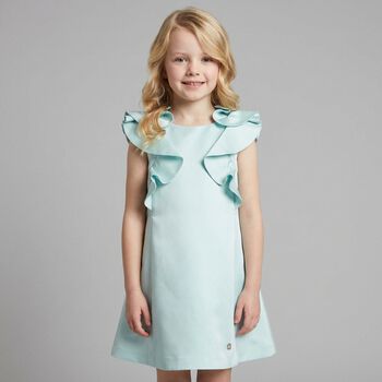 Girls Aqua Satin Ruffle Dress