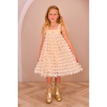 Girls Beige Sequin Tulle Dress