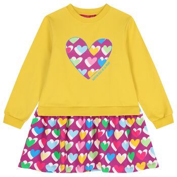 Girls Yellow & Pink Logo Heart Dress